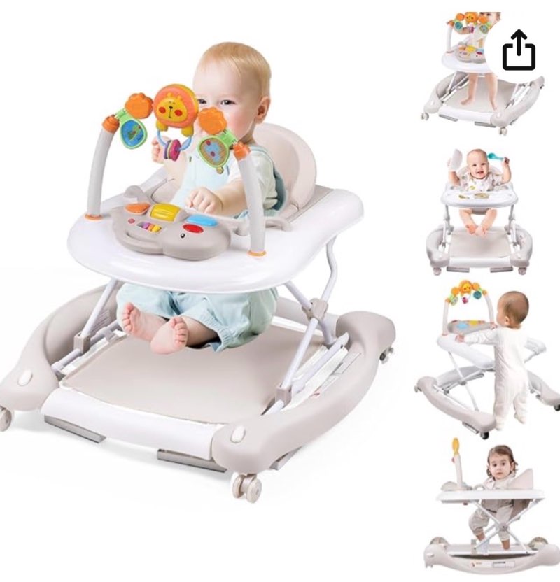 boyro baby 5-in-1 baby walker, baby walkers for boys girls 6-12 months, foldable activity walker, toddler infant walker with bouncer, adjustable height, removable footrest, feeding tray, music a-beige