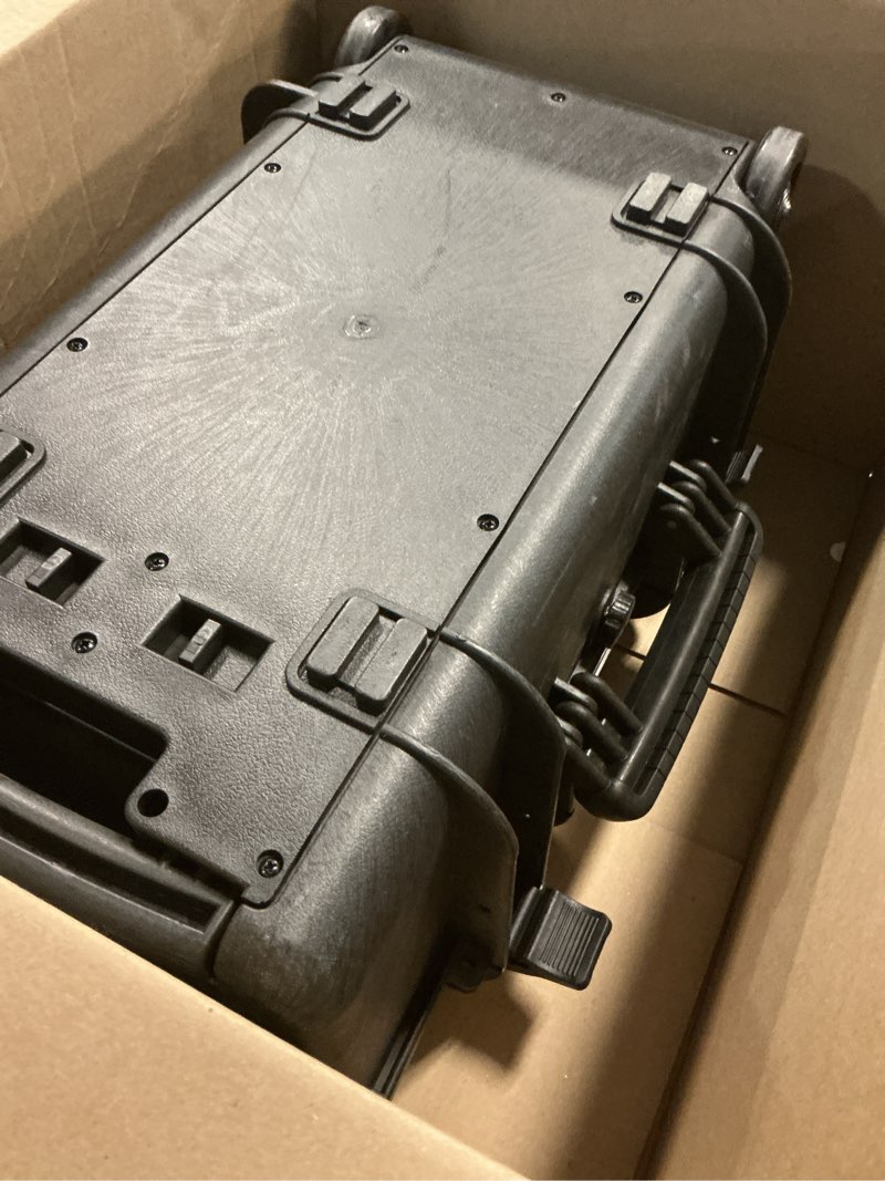 Condition photo showing As Is for monoprice weatherproof hard case - 22 x 14 x 10 inches, with wheels and customizable foam, shockproof, ip67, ultraviolet and impact resistant material, black - pure outdoor collection weatherproof wheeled hard case with customizable foam
