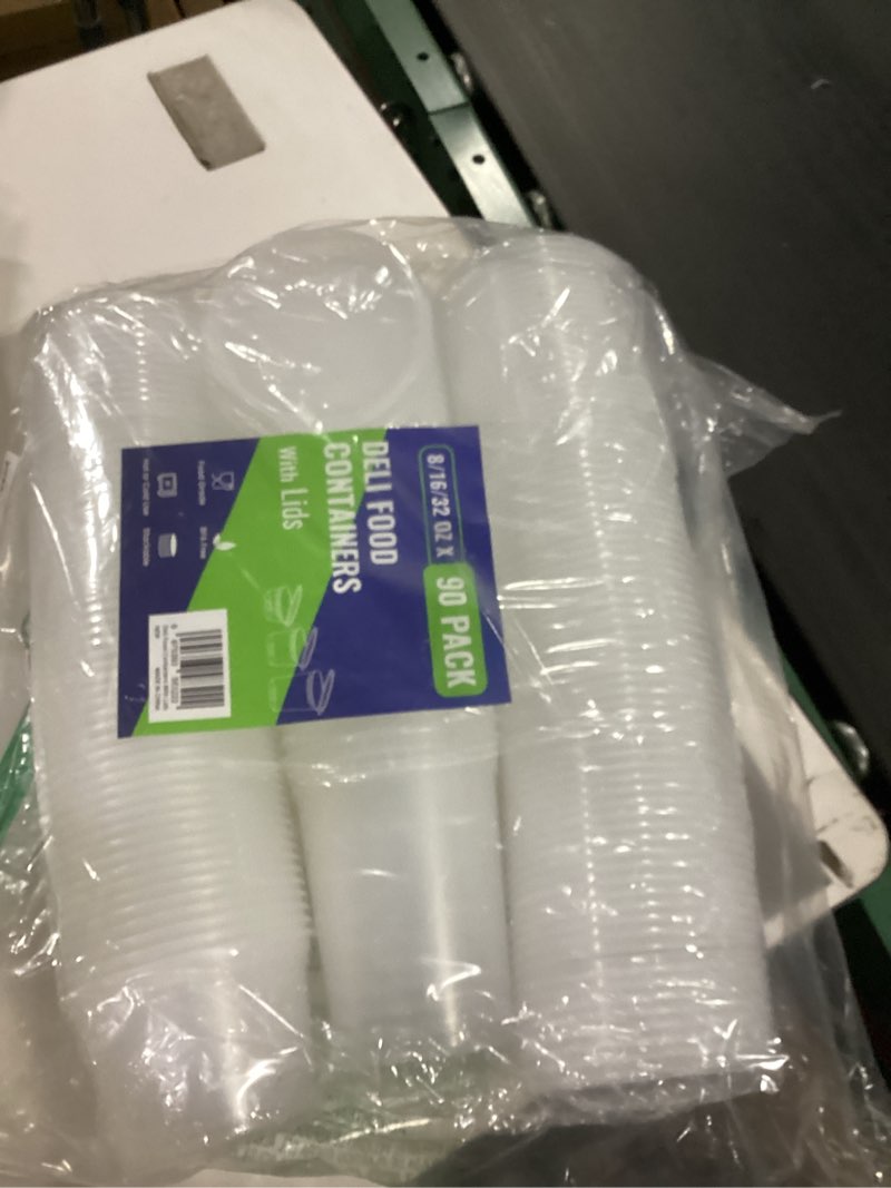 Condition photo showing New/Like New for 90 sets plastic deli containers with lids, assorted sizes (8 oz 16oz 32oz) variety pack, airtight food storage containers, freezer/dishwasher/microwave safe, soup containers for takeout food storage