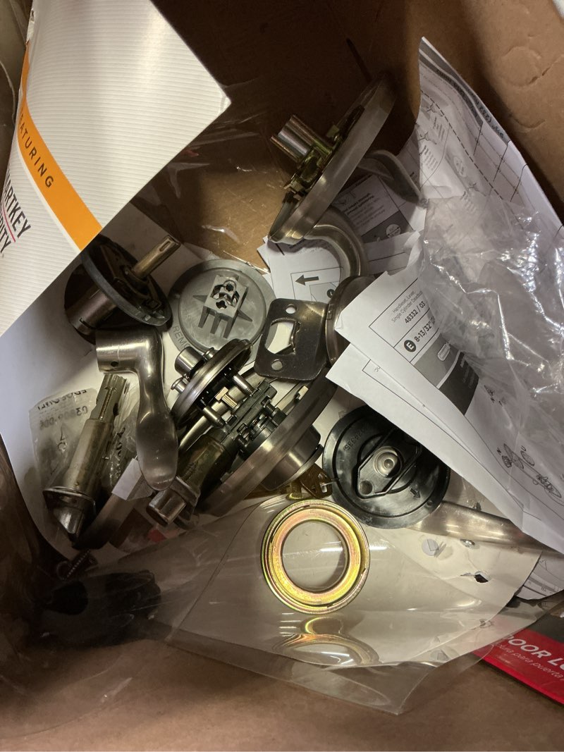Condition photo showing As Is for kwikset shelburne front door lock handle and deadbolt set, entry handleset exterior with interior reversible lever, satin nickel, pick resistant smartkey rekey deadbolt security satin nickel old packaging