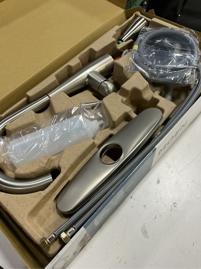Condition photo showing Good Condition for moen essie spot resist stainless pulldown sprayer kitchen sink faucet set with modern pump soap dispenser, 87014srs spot resist stainless standard