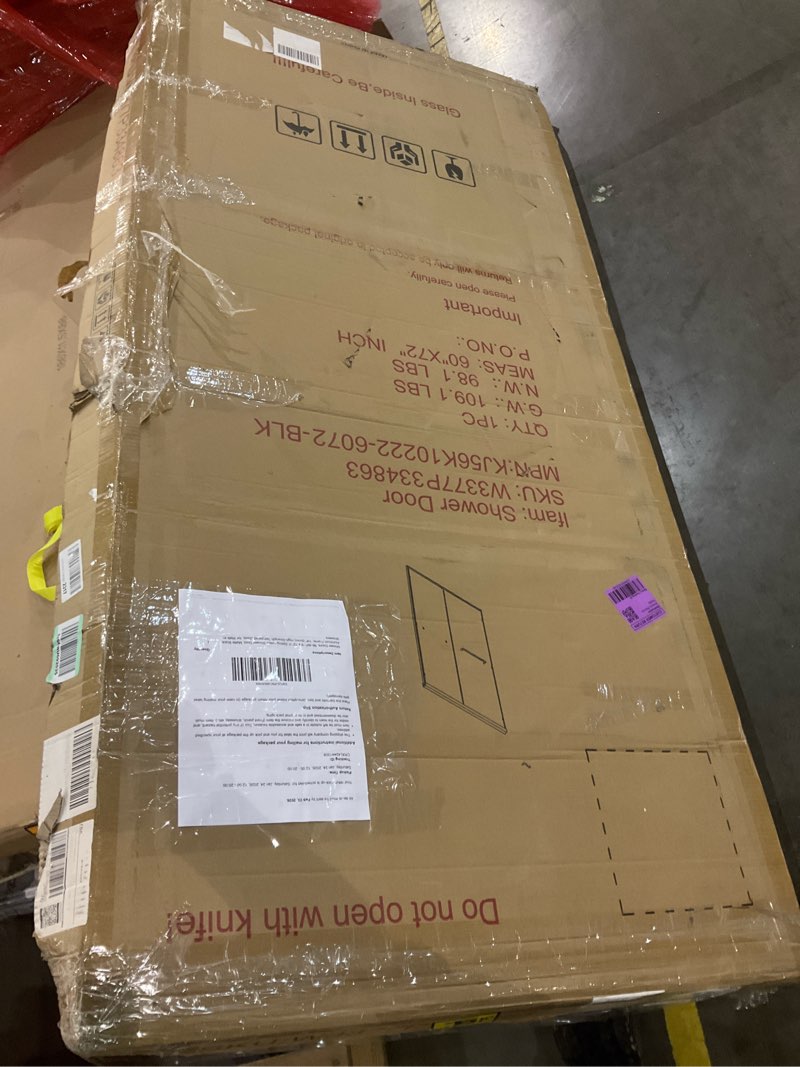 Condition photo showing Good Condition for Shower Doors, 56–60'' W x 72'' H Sliding Glass Shower Door, Matte Black Aluminum Frame, 1/4'' (6mm) High-Strength Tempered Glass, for Walk-in Showers 60in W x 72in H Matte Black