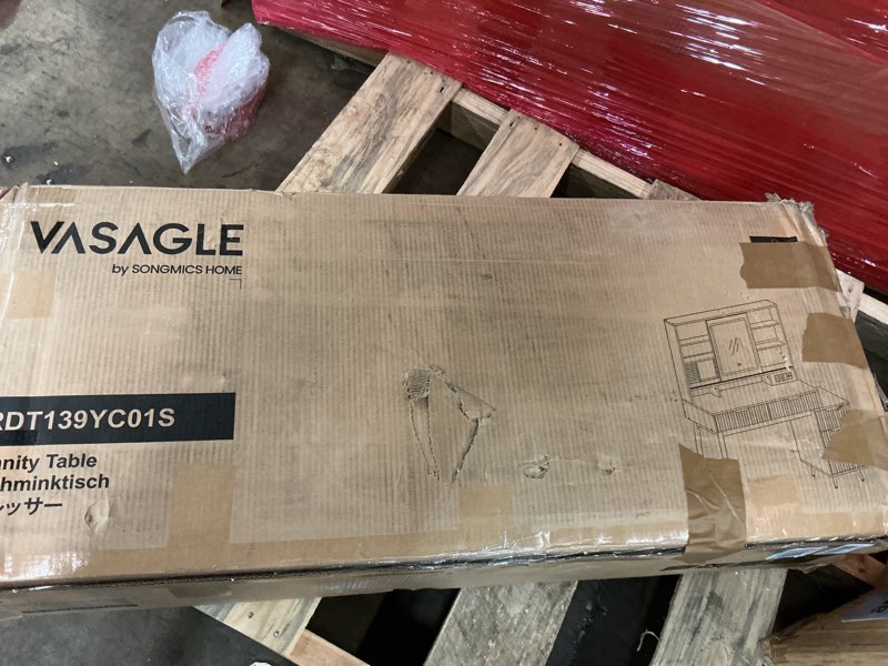 Condition photo showing New/Like New for VASAGLE MAXE Collection - Vanity Desk with Sliding Mirror and Lights, Mid Century Modern Fluted Makeup Vanity with 10x Magnifying Mirror, Charging Station, Jewelry Storage, Oak Beige URDT139YC01S