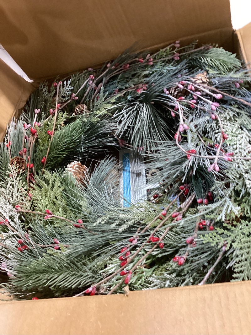 Condition photo showing As Is for 24 inch winter front door wreath pearl white berry wreath winter wreaths for front door, fireplace, mantel, xmas christmas décor