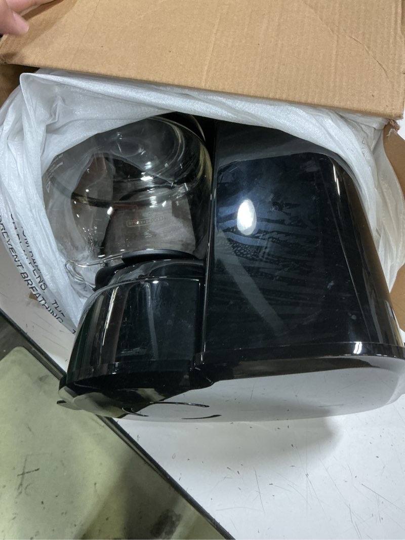 Condition photo showing As Is for black+decker 12-cup coffee maker with easy on/off switch, easy pour, non-drip carafe with removable filter basket, vortex technology, black 12-cup 12-cup