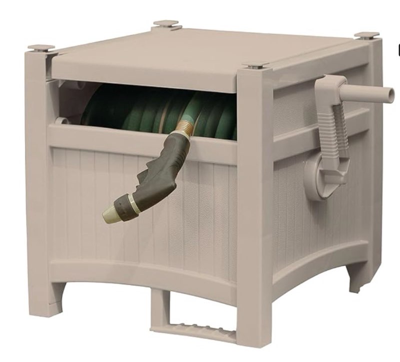 suncast garden hose reel hideaway for 5/8" hoses, retracting storage of 100ft, light taupe