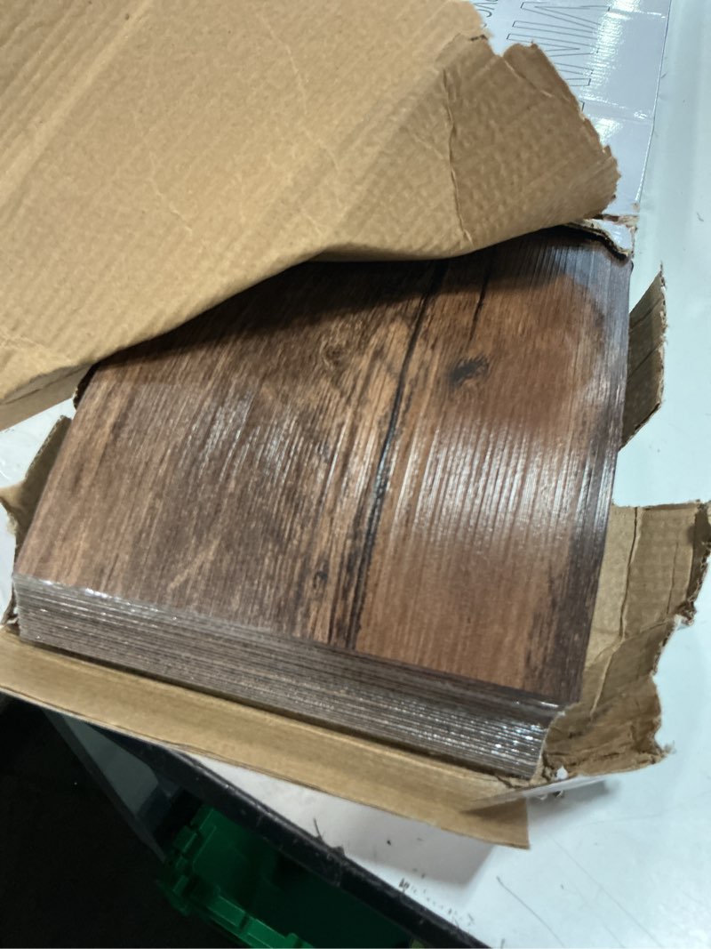Condition photo showing Good Condition for vallisco peel and stick vinyl flooring 36 pack 54 sq.ft, waterproof vinyl flooring peel and stick for office, living room, bathroom, kitchen - unique design, easy to install floor, brown 36 x 6 x 0.1 inches brown 36