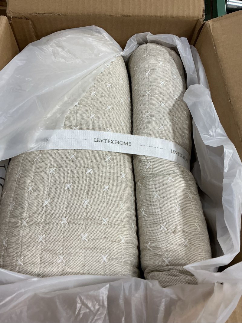 Condition photo showing New/Like New for Levtex Home Cross Stitch Reversible King Bedspread Set (120x104in) with 2 Pillow Shams (36x20in) - Stitch Texture - Taupe - Cotton King Size Bedspread Set - Soft, Pre-Washed Bedspread - King Taupe