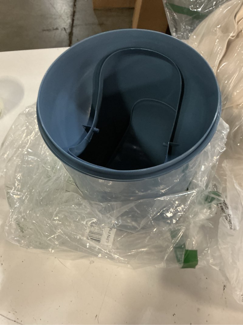 Condition photo showing As Is for umbra 1.25 gallon mini waste can with removable swing-top lid - small garbage bin for kitchen, bathroom, bedroom, office - compact trash can fit under tables & counters - blue
