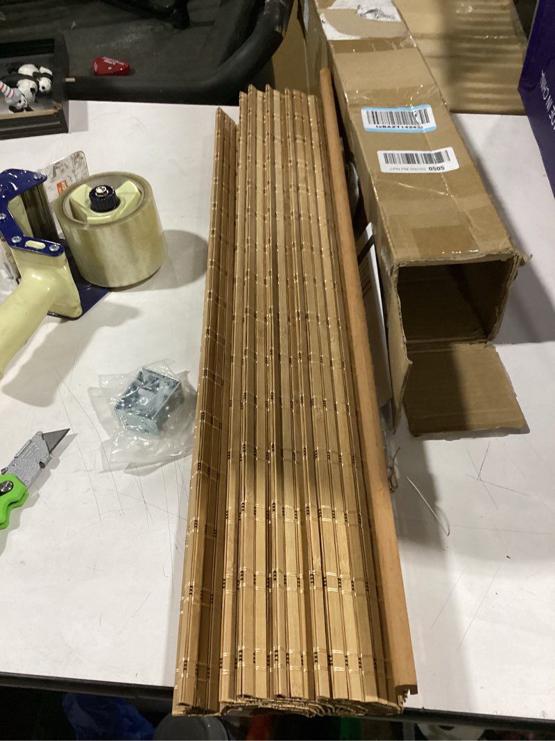 Condition photo showing As Is for lazblinds cordless bamboo roman shades, light filtering window treatment, roll up bamboo blinds for windows, 29'' w x 60'' h light filtering-brown206 29'' w x 60'' h