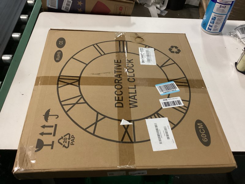 Condition photo showing New/Like New for leike large wall clocks for living room,silent,non ticking,battery operated oversized vintage round modern metal wall clock for bedroom,farmhouse,office home decor-24 inch(black-arabic number) 24 in black metal-arabic number