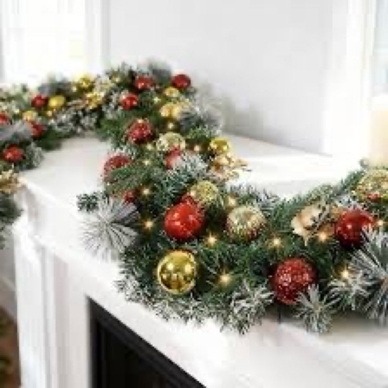 beinhome 6 ft pre-lit christmas garland, artificial christmas hanging garland with lights timer, red gold glitter ball decoration for home stairs table fireplace xmas holiday festival decor pine needle garland 6 ft
