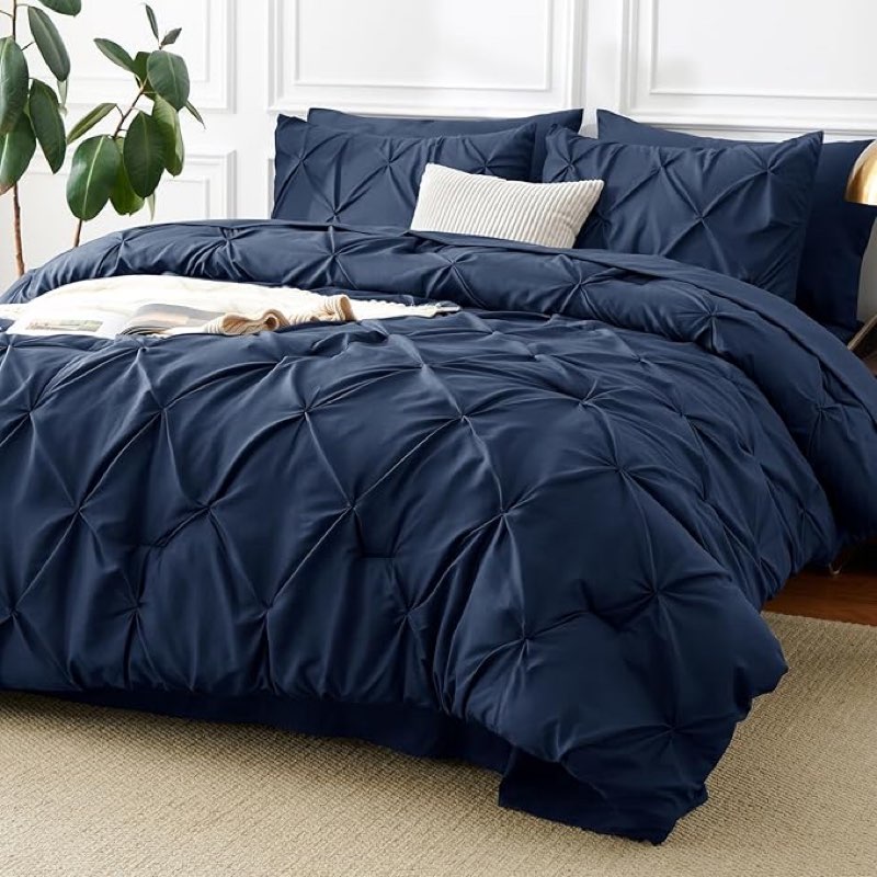 cozylux king size comforter set navy blue, 7 pieces pintuck bed in a bag blue comforter king size, pinch pleat bedding set with all season comforter, sheets, pillowcases & shams