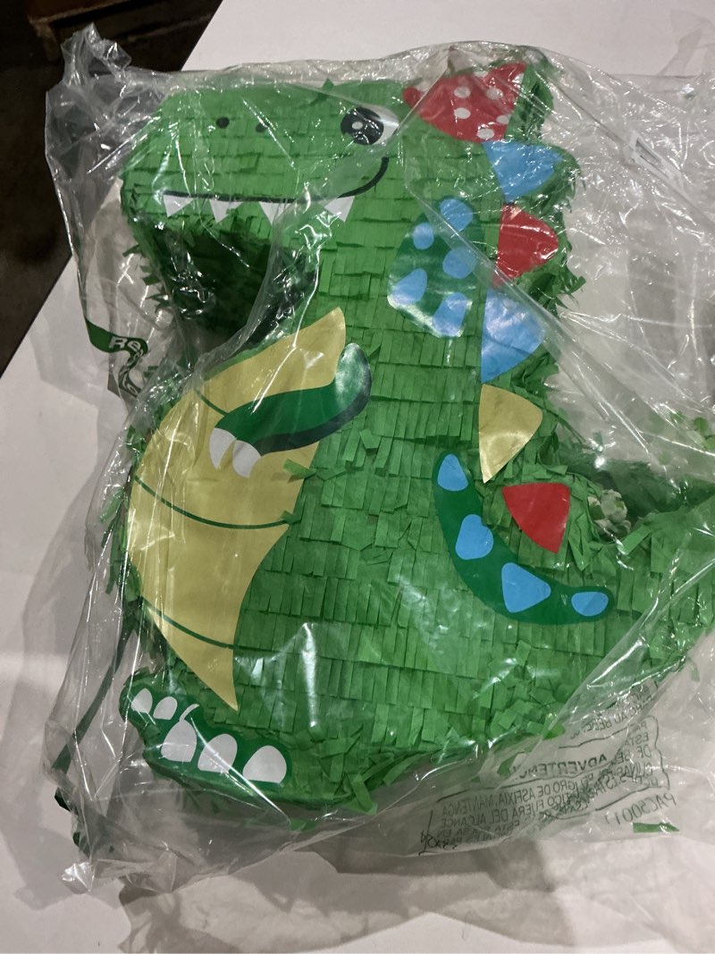 Condition photo showing As Is for vints dinosaur pinata,kids dino piñata with blindfold, dinosaur themed party decor,perfect for school parties, birthday parties (16.93 × 12.6× 3.15in)