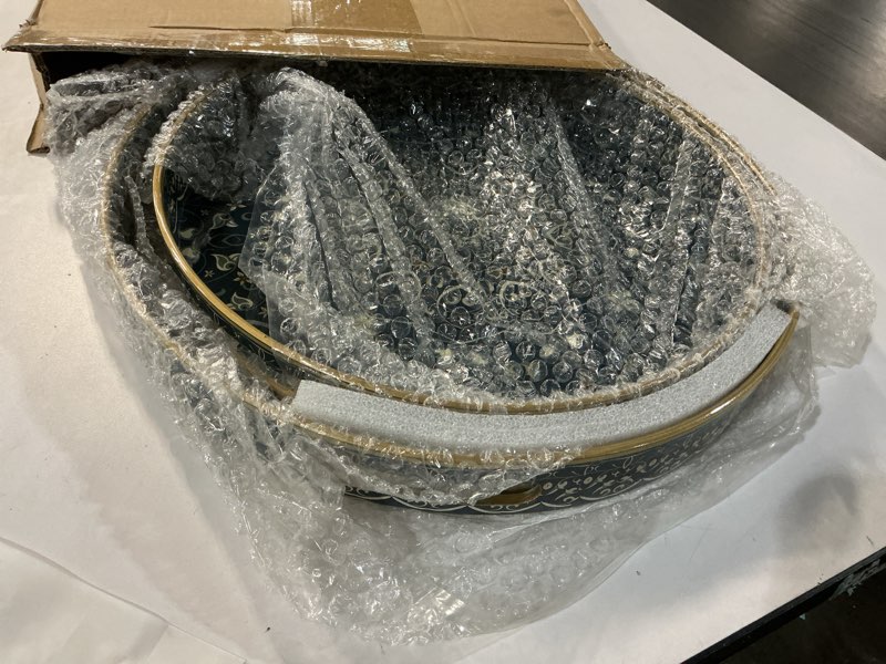 Condition photo showing Good Condition for Serving Trays Set of 2, Decorative Plastic Serving Trays with Handles, 15" & 13" Round Tray Party Tray for Food, Coffee Table, Ottoman, Bathroom, and Living Room (Round Blue Green)