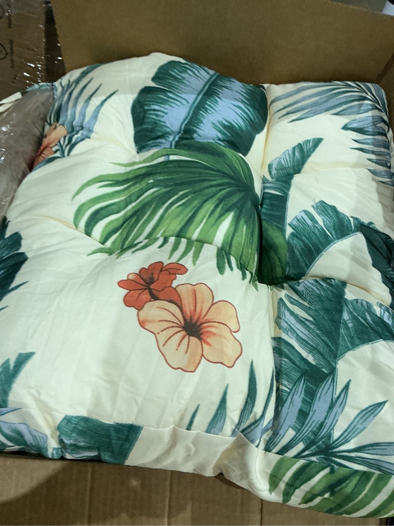 Condition photo showing Good Condition for set of 2 waterproof wicker outdoor chair cushions with ties, printed high back outdoor seat cushions for patio furniture, hawai