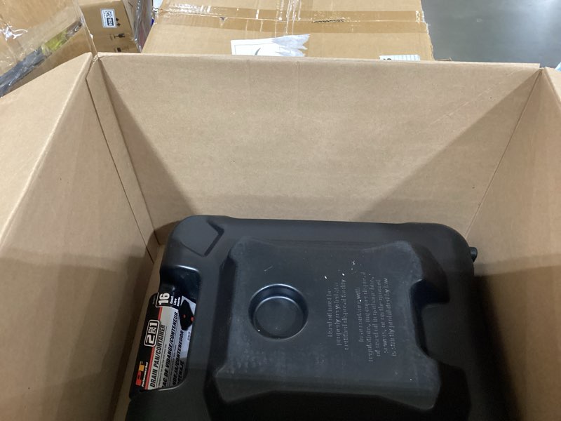 Condition photo showing As Is for performance tool w4077 16-quart oil drain container, deep drain well, integrated handle, sealing rubber gaskets, black 16 quart drain pan