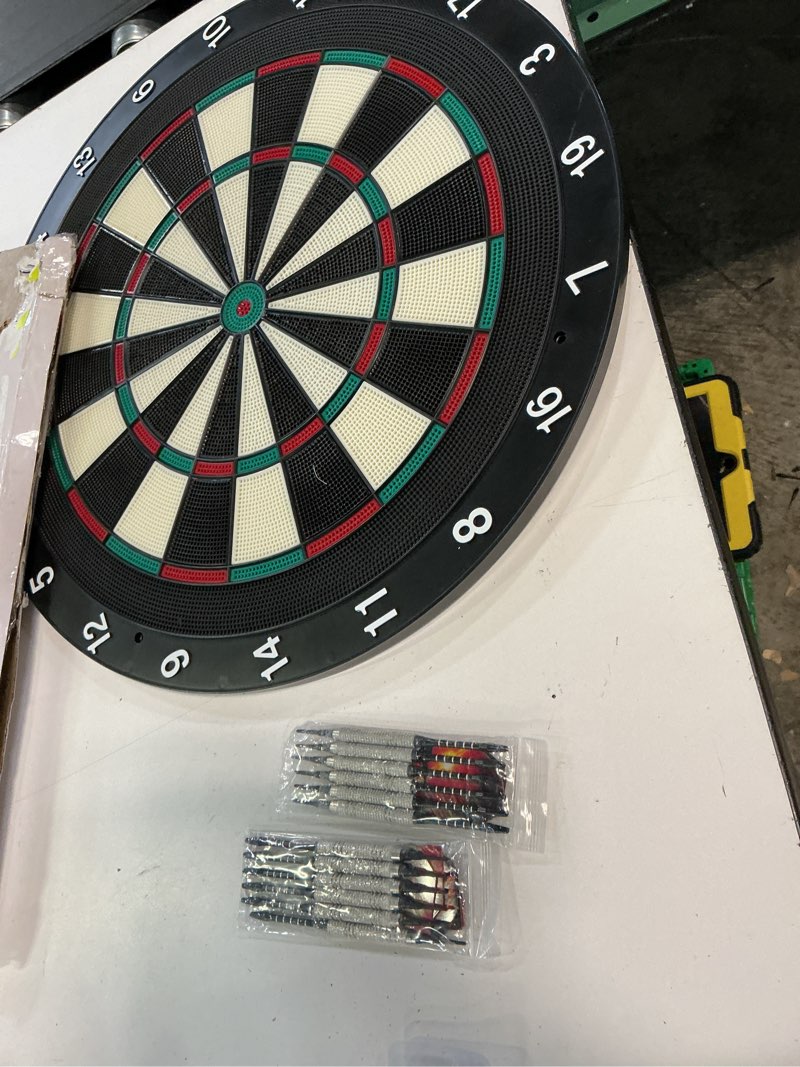 Condition photo showing Good Condition for 18 inch soft tip dart board for adults, staple-free plastic surface with 6 aluminum darts & 20 extra tips, indoor/outdoor game room bar dartboard set
