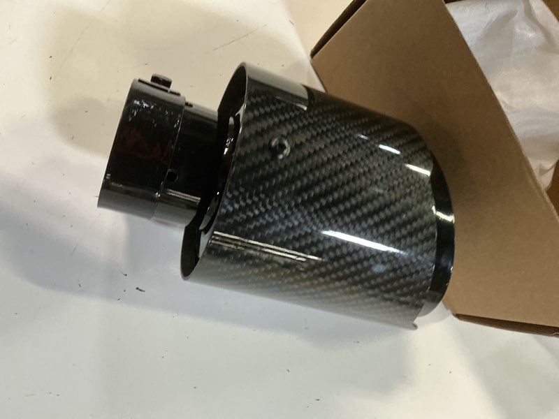 Condition photo showing New/Like New for carbon fiber exhaust tip 2" inlet to 4"outlet, universal tailpipe 2 inch exhaust muffler tip (gloss) gloss carbon fiber 2" inlet to 4"outlet