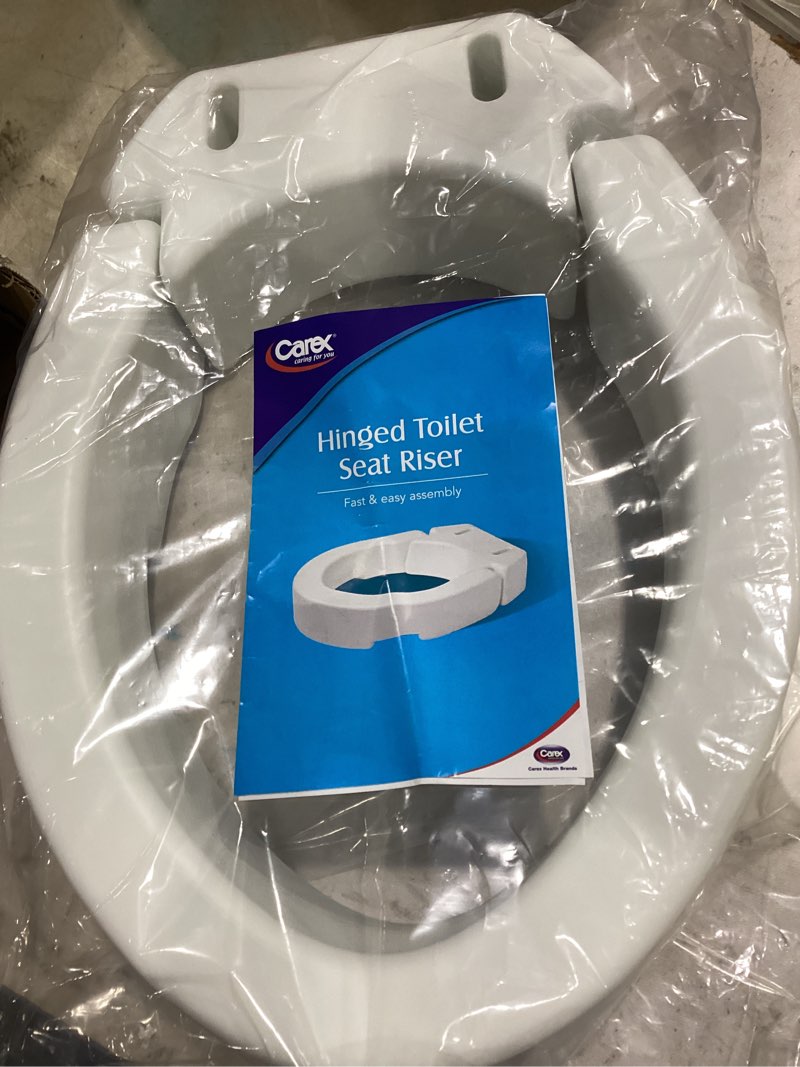Condition photo showing Good Condition for carex round hinged raised toilet seat, elongated toilet seat riser, adds 3.5 inches of height, 300 lbs capacity, elevating and raising seat for elderly and handicap, universal, slip-resistant, white