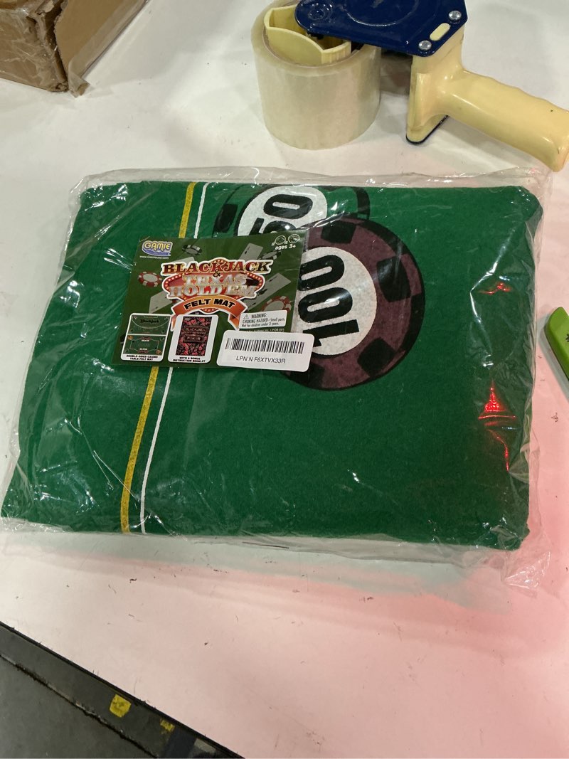 Condition photo showing New/Like New for gamie double sided felt casino mat, 36” x 72” for blackjack & texas hold’em poker, 2-in-1 texas holdem poker mat & blackjack mat, professional grade poker tabletop mat with instructions booklet