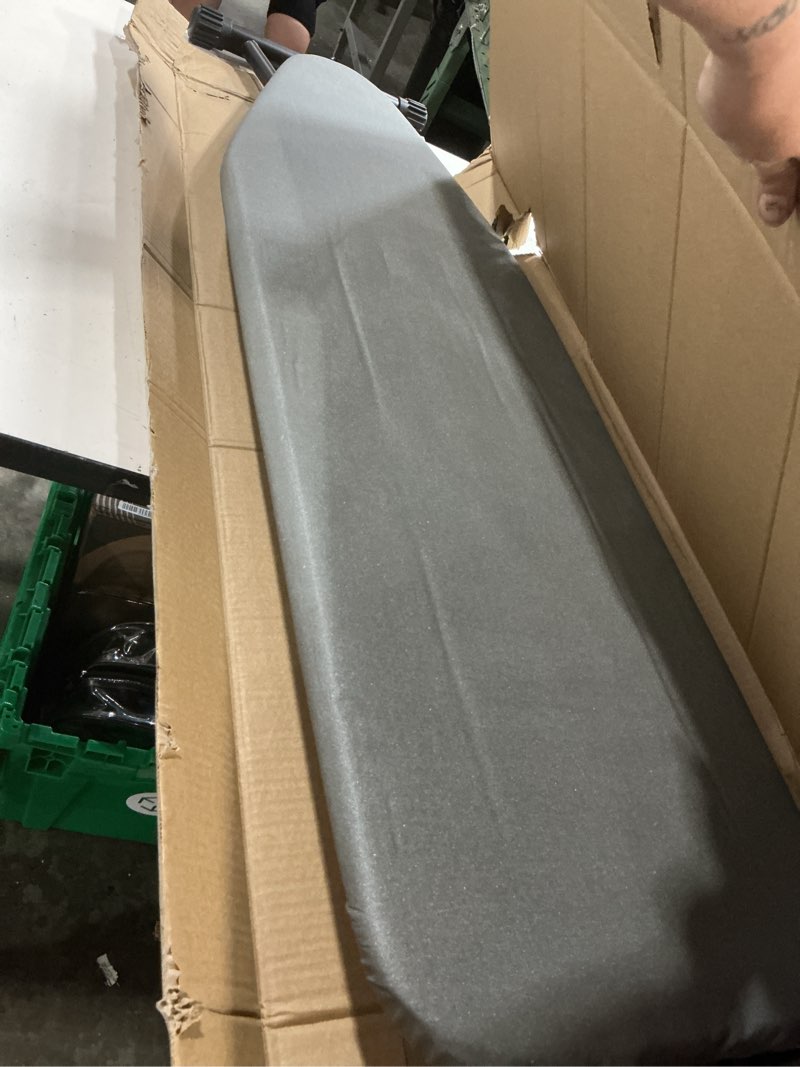 Condition photo showing As Is for hanger iron board 43" x 13" with heat resistant cover and thicken felt pad, safety iron rest, anti-skid feet, height adjustable, heavy duty (grey b)