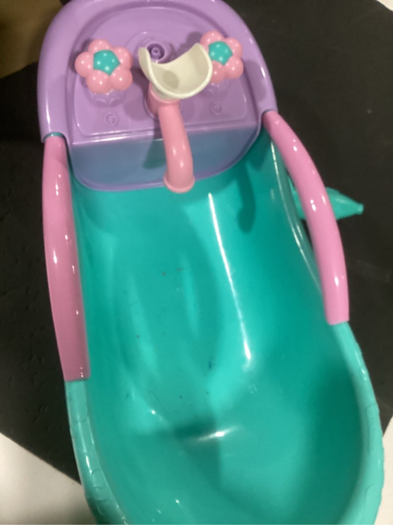 Condition photo showing Good Condition for jc toys - for keeps playtime! | baby doll real working bath set | fits dolls up to 16" | shower and faucet really work | play accessories | ages 2+, pink blue/pink bath set