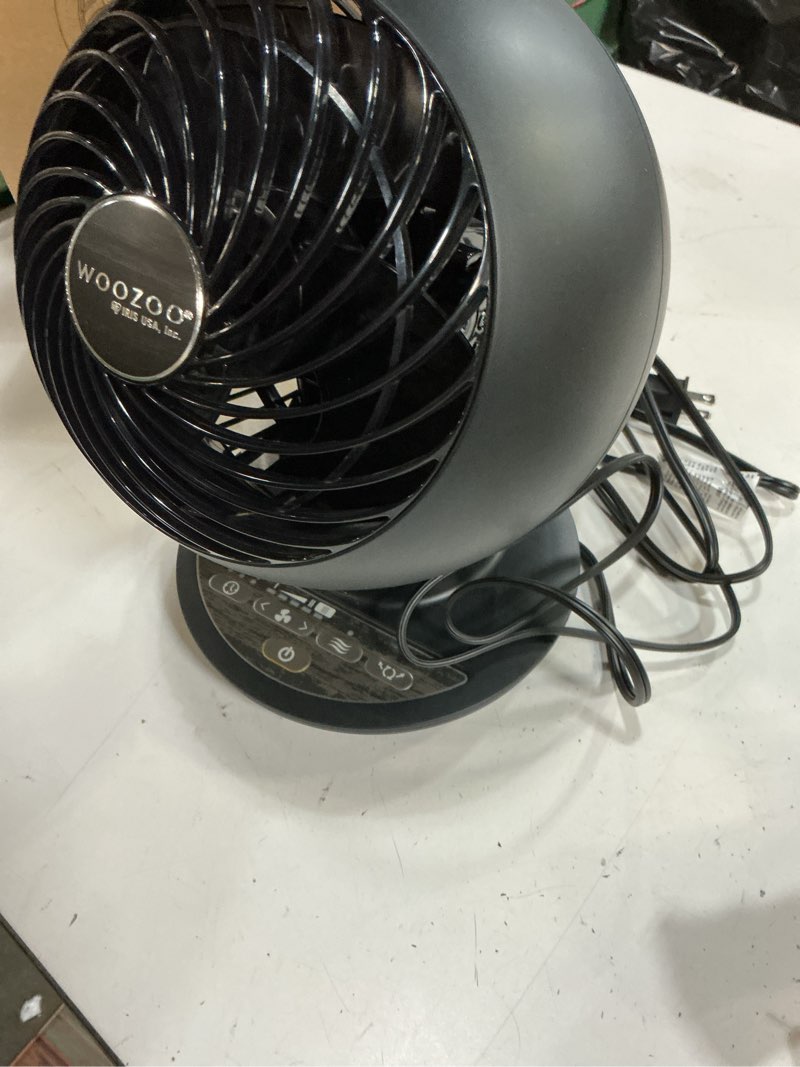 Condition photo showing As Is for iris usa woozoo air circulator fan with remote, oscillation, 5 speeds, 82ft max air distance, 90° adjustable tilt, 30db quiet motor, small fan for bedroom, office, dorm, black