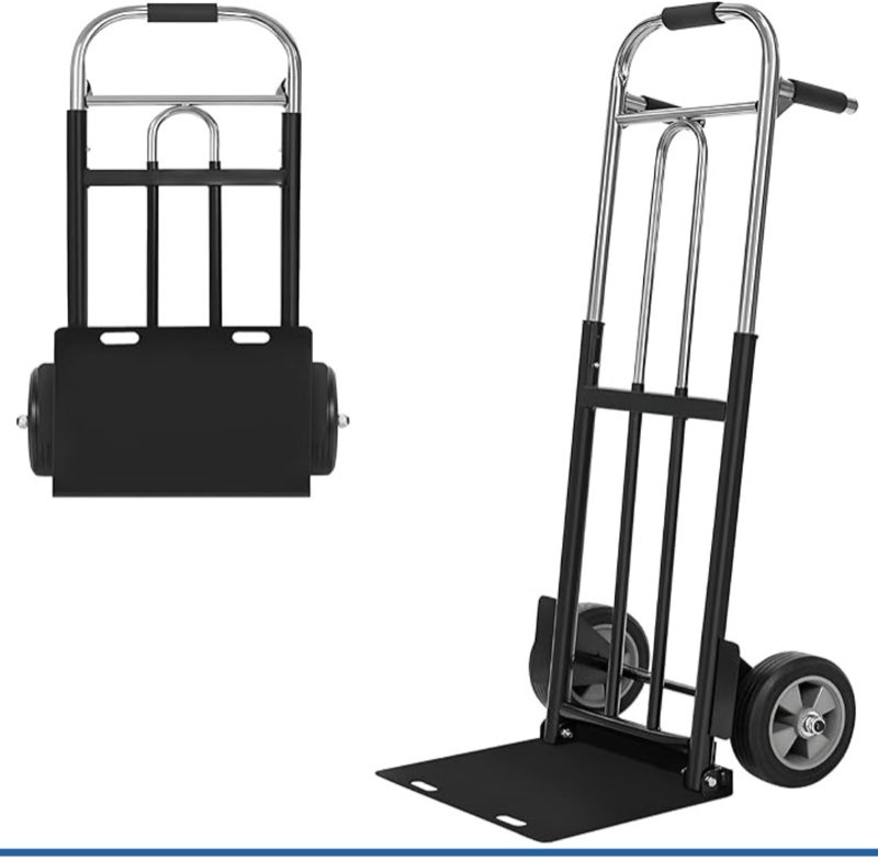 folding hand truck, 600 lb capacity, heavy-duty wheels and compact design for moving heavy loads in warehouses, offices, homes and stores