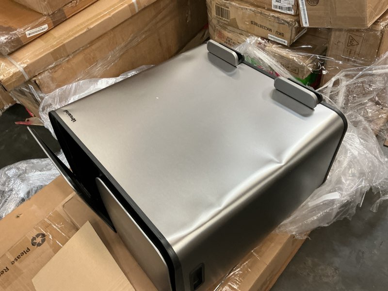 Condition photo showing As Is for dual compartment kitchen trash can, 2 x 10.5 gallon stainless steel garbage & recycling bin combo for kitchen, soft close lids, odor proof, hands free