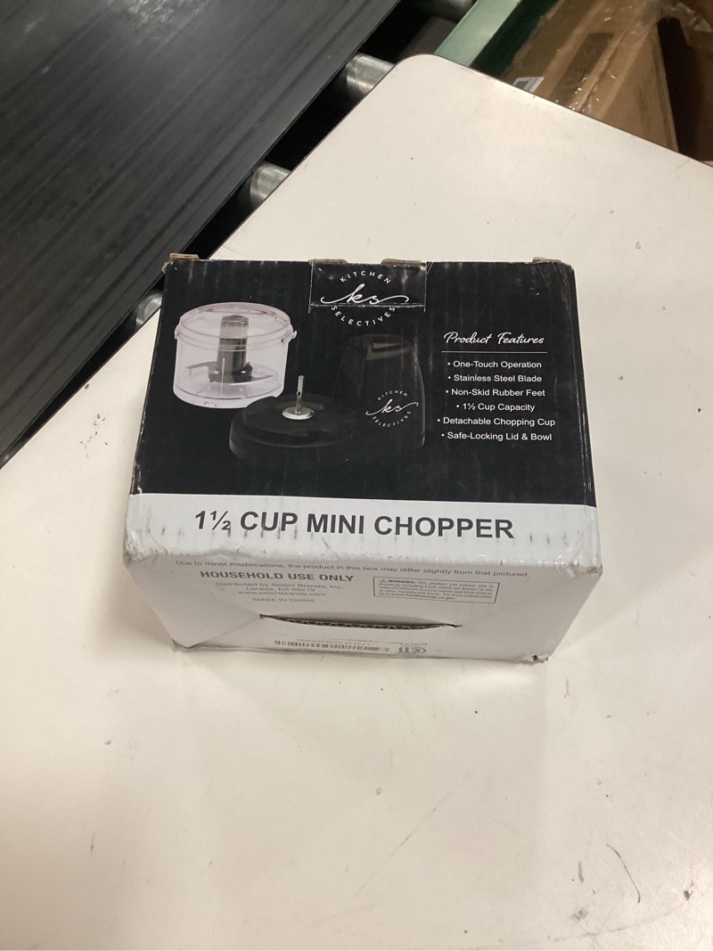 Condition photo showing New/Like New for kitchen selectives mini chopper by select brands - mini electric food chopper for kitchen appliances - features dishwasher-safe parts - chops, minces & dices - 1-1/2 cups, black