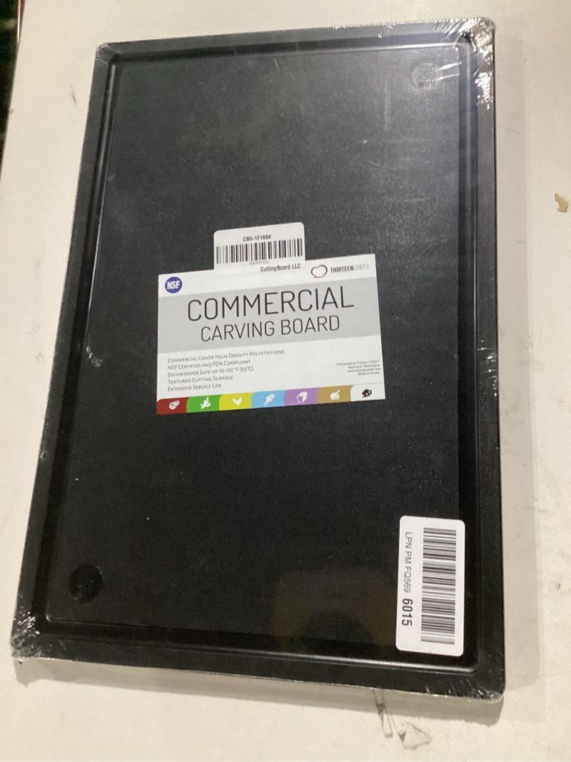 Condition photo showing New/Like New for Thirteen Chefs Black Cutting Board with Juice Groove - Large 18 x 12 Inch for Meat, Grilling, BBQ and Carving, Restaurant Grade HDPE 1/2" Thick Plastic