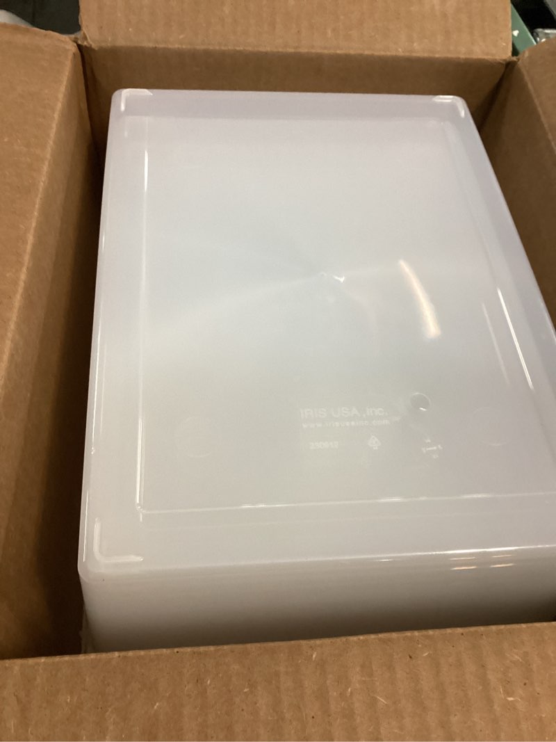 Condition photo showing Good Condition for IRIS USA 12 Qt. Plastic Storage Bins Containers with Lids, 4 Pack, Small Sensory Bin, Craft Storage, Craft Organizers & Storage, Organizing Container for Home, Office & Art Supplies, Stackable, Clear 12 Qt. - 4 Pack