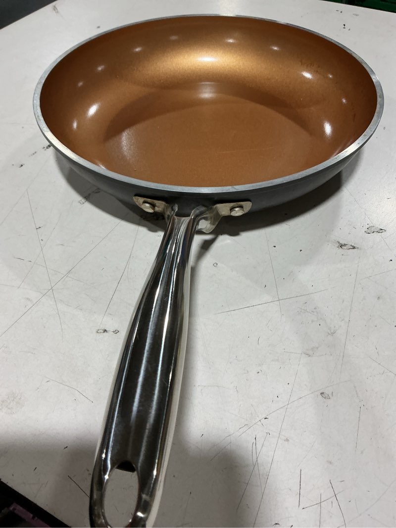 Condition photo showing As Is for gotham steel 12.5 large frying pans nonstick, family sized non stick frying pan with ceramic copper coating, stay cool handle, non toxic, dishwasher and oven safe