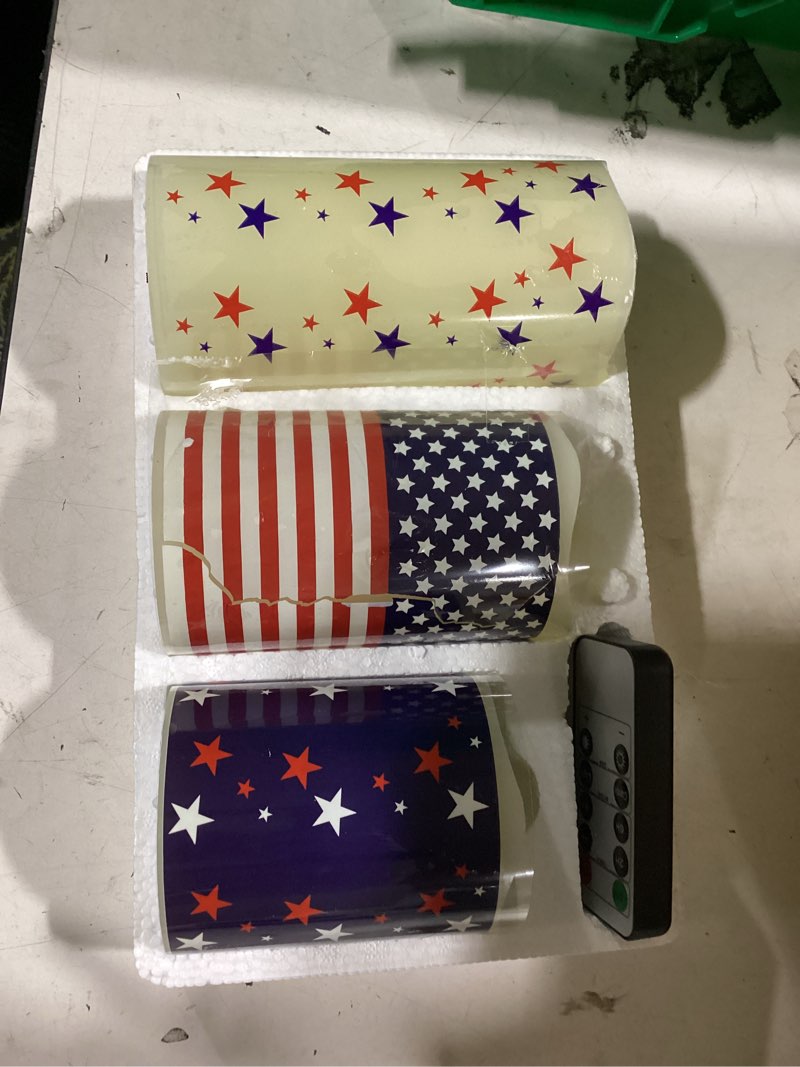 Condition photo showing As Is for baquler 3 pcs independence day flameless projector candle with remote timer - american flag patriotic projector light led candles battery operated for 4th of july home indoor holiday party decoration
