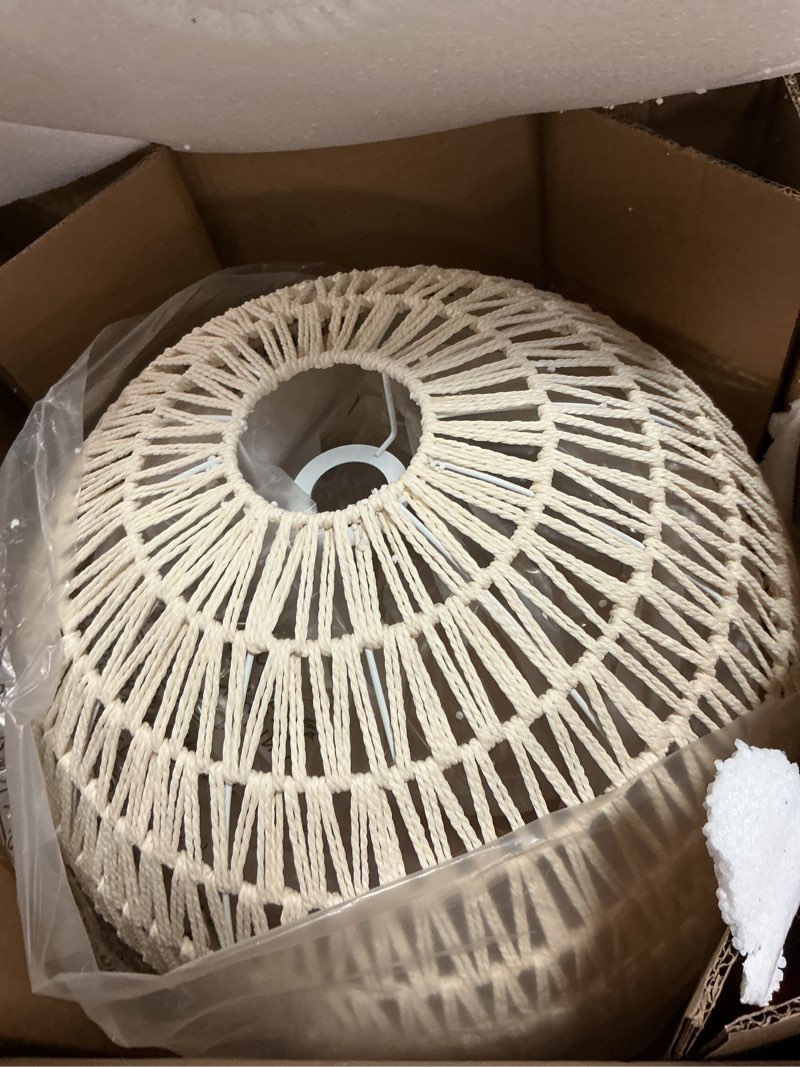Condition photo showing As Is for JONATHAN Y JYL6504A 20" Woven Dome Pendant Light, Bohemian Farmhouse Hanging Light Fixture with Adjustable Height for Kitchen Island, Dining Room, Living Room, Coastal Rope Ceiling Lamp, Cream Cream 20"