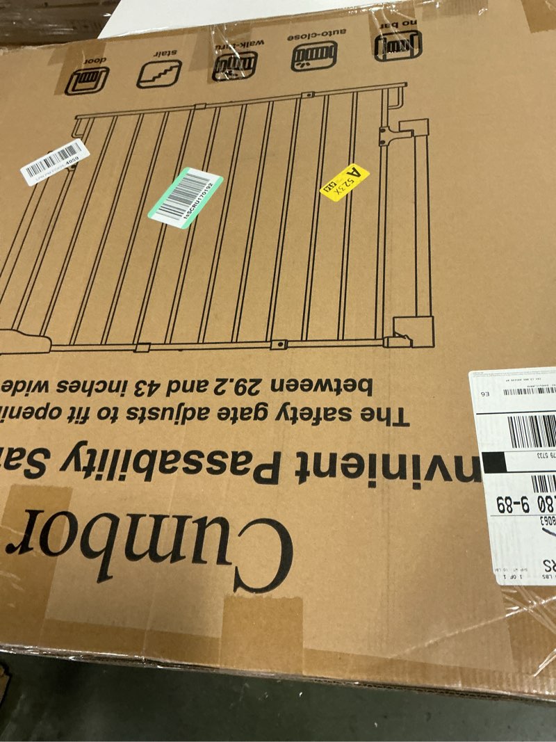 Condition photo showing New/Like New for Cumbor 29.2–43\" Baby Gate for Stairs, Wall-Mounted (Drill Required), Expandable No Bottom Bar Dog Gate, Auto Close Extra Wide Walk Thru, Pet & Toddler Proof Gate, Top & Bottom of Stairways (White