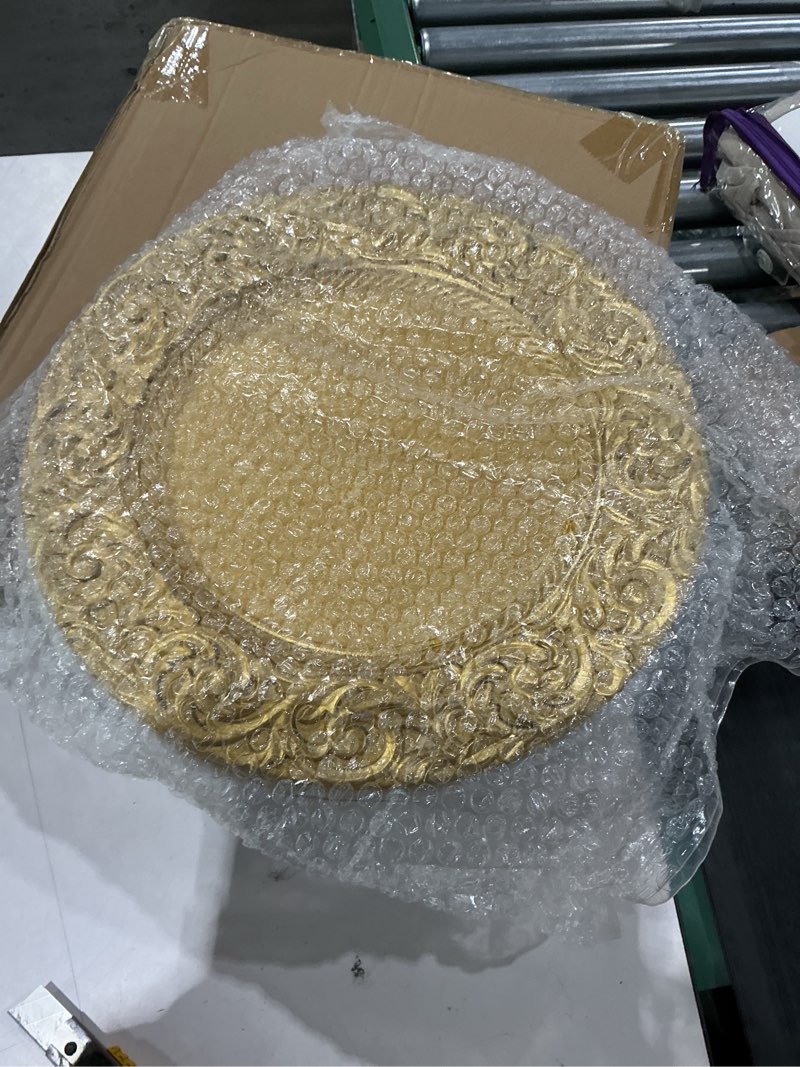 Condition photo showing New/Like New for gold charger plates bulk 10pcs - 13\\\" gold chargers for dinner plates, round floral embossed decorative charger plate for wedding & event kitchen party decoration gold 10 pcs-13\\\"