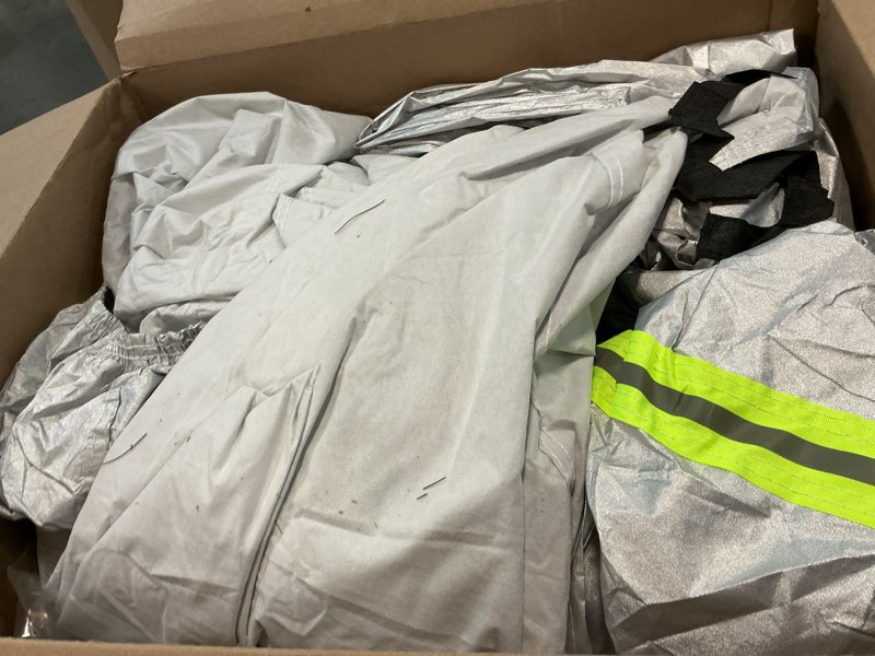 Condition photo showing As Is for 6 layers car cover waterproof all weather for automobiles, outdoor full cover rain sun uv protection with zipper cotton, universal fit for sedan (184-193 inch) silver fit sedan length 184-193 inch