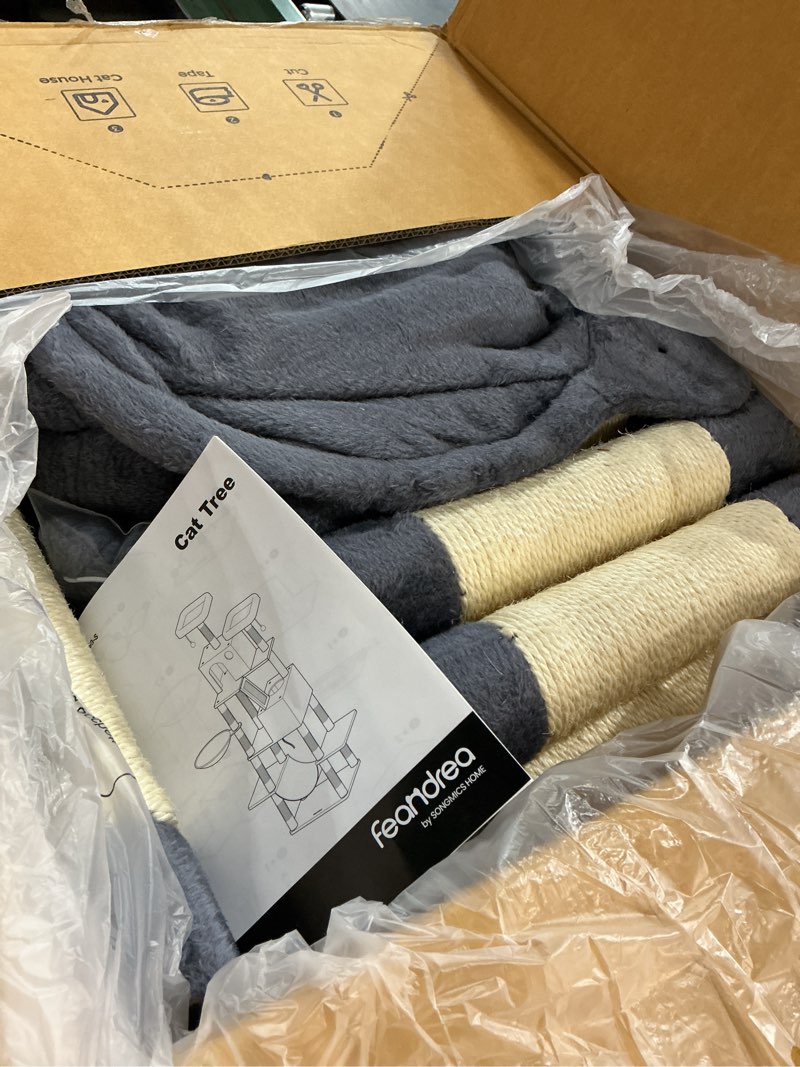 Condition photo showing As Is for feandrea cat tree, 81.1-inch large cat tower, multi-level plush condo with 13 scratching posts, 2 perches, 2 caves, basket, hammock, pompoms, smoky gray upct190g01 xxl (23.6"l x 19.7"w x 81.1"h) smoky gray