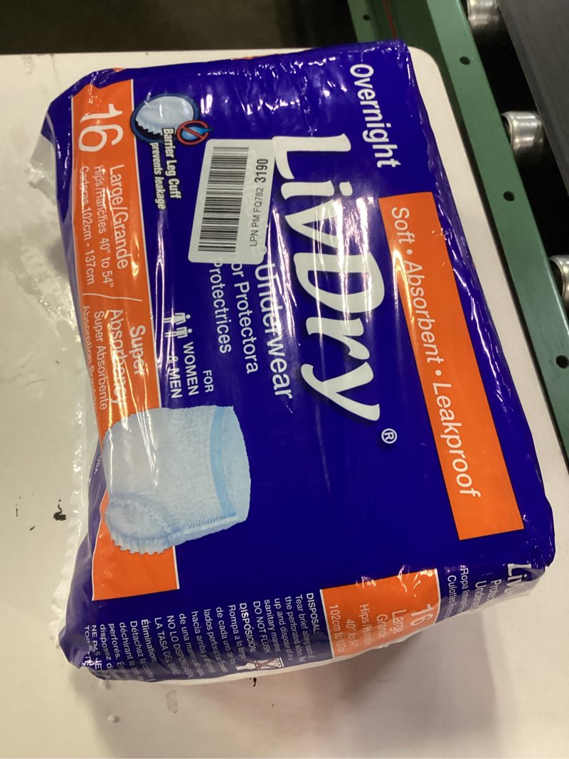Condition photo showing New/Like New for livdry adult diapers large incontinence underwear, overnight, leak protection, 16-pack large (16 count)
