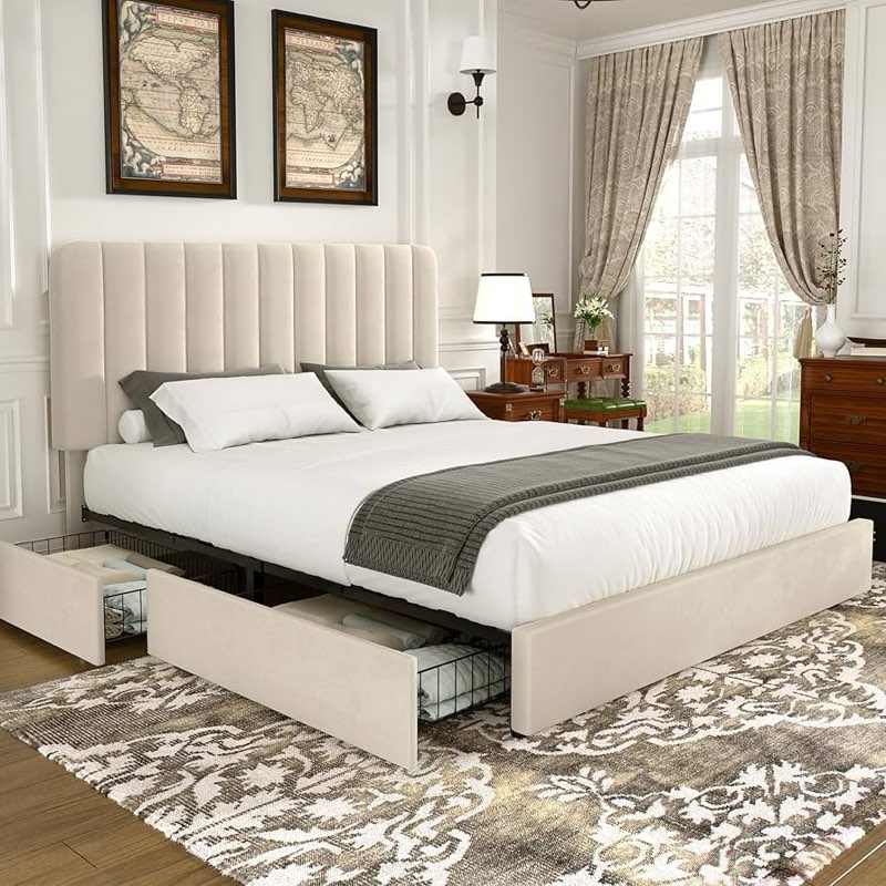 VECELO Full Size Upholstered Bed Frame with 4 Drawers and Headboard, Velvet Platform Storage Bedframe, Wooden Slats Support, No Box Spring Needed,Black Bed Frame with Drawer Black Full