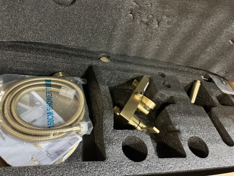 Condition photo showing New/Like New for shower systems with 12 x8 inches rain shower head,brushed gold exposed pipe shower system,3 functions tub shower faucet sets,overhead shower system with handheld a- brushed gold with square shower head