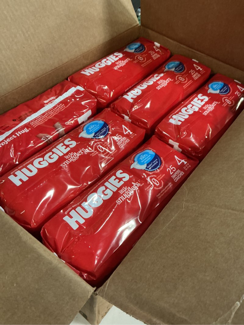 Condition photo showing New/Like New for (size:4)huggies size 4 diapers, little snugglers baby diapers, size 4 (22-37 lbs), 150 count (6 packs of 25), packaging may vary size 4 150