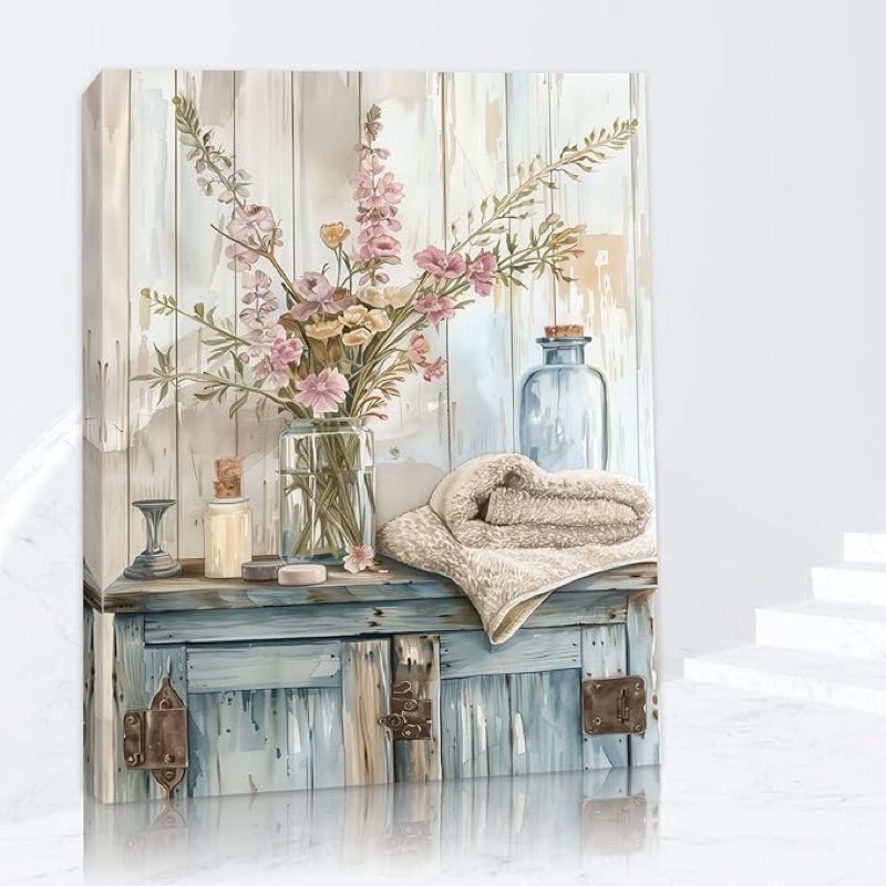 rustic bathroom flower wall art, still life wildflower canvas framed prints for bedroom wall decor, wildflowers in a vase on a poster picture, floral painting artwork for bathroom wall decor 