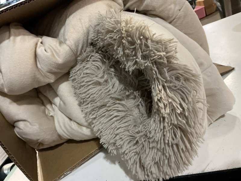 Condition photo showing As Is for smoofy fluffy queen comforter set, faux fur comforter set queen size, luxury fuzzy bedding set, soft shaggy bed set for all season, 3 pieces - 1 comforter & 2 pillowcases, oatmeal oatmeal queen