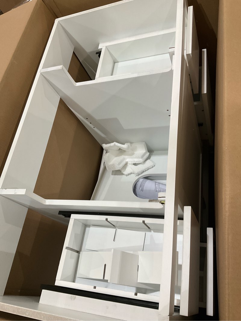 Condition photo showing As Is for 36" bathroom vanity without sink, base only,six, solid wood cabinets basin vessel set w/drawer divider,adjustable shelf,water, stain proof,white