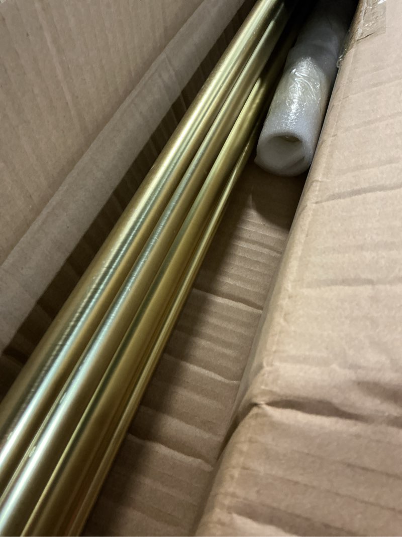 Condition photo showing Good Condition for double curtain rods with aluminum end cap and full surround brackets,1"front and 5/8" back rod,adjustable between 140 to 164 inches (11.5-13.5 feet), brass double window drapery rod 140-164" brass
