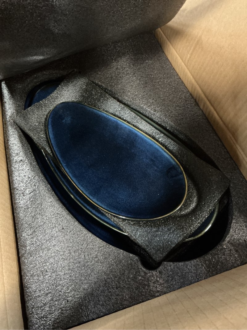 Condition photo showing Good Condition for vicrays large oval serving platters, 16"/14"/10" porcelain serving platters for party, bbq,stackable serving trays serving plates for appetizers, sushi, restaurant, dessert, set of 3 (blue)