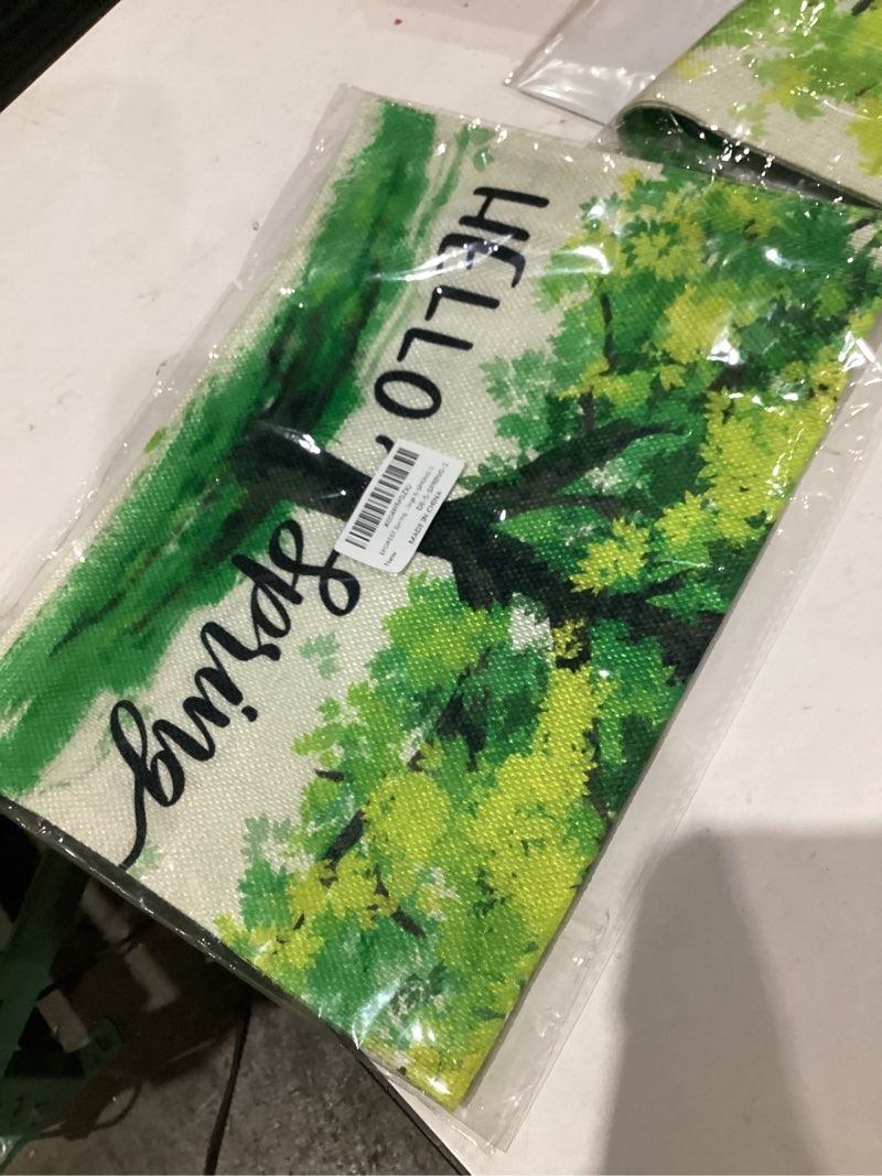 Condition photo showing New/Like New for Hello Spring Garden Flags for Outside, Seasonal Green Tree for Holiday Anniversary Wedding Decor Small Yard Outdoor Decoration 12x18 Inch Double Sided